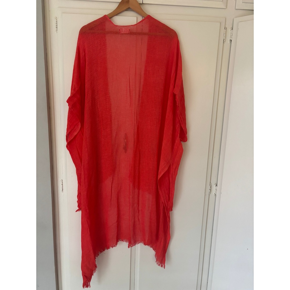 Free People x All Tous Coral Orange Mesh Knit Frayed Kimono Wrap One Size - Picture 4 of 9
